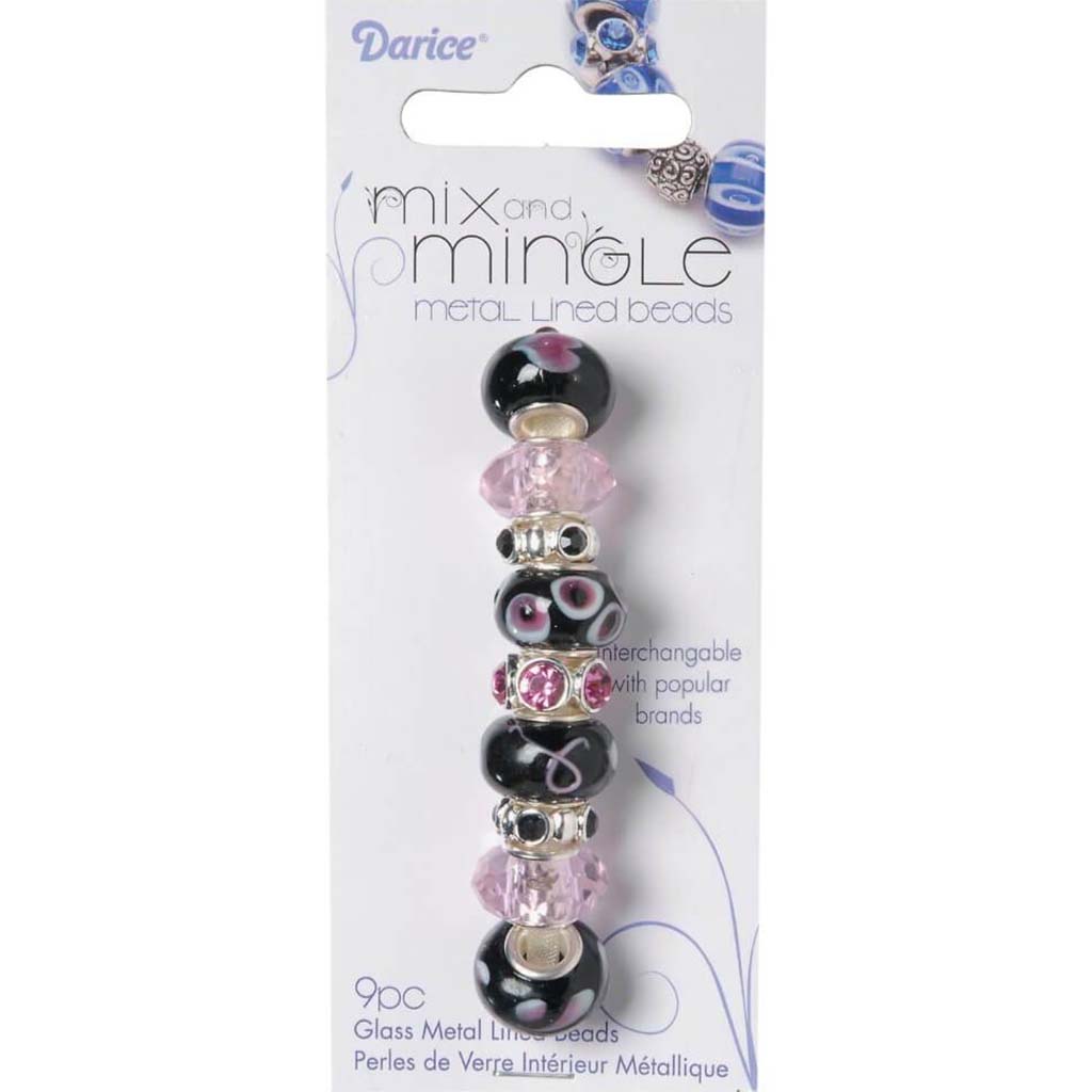 MIX AND MINGLE GLASS BEADS METAL LINED BLACK &amp; PINK MIX 