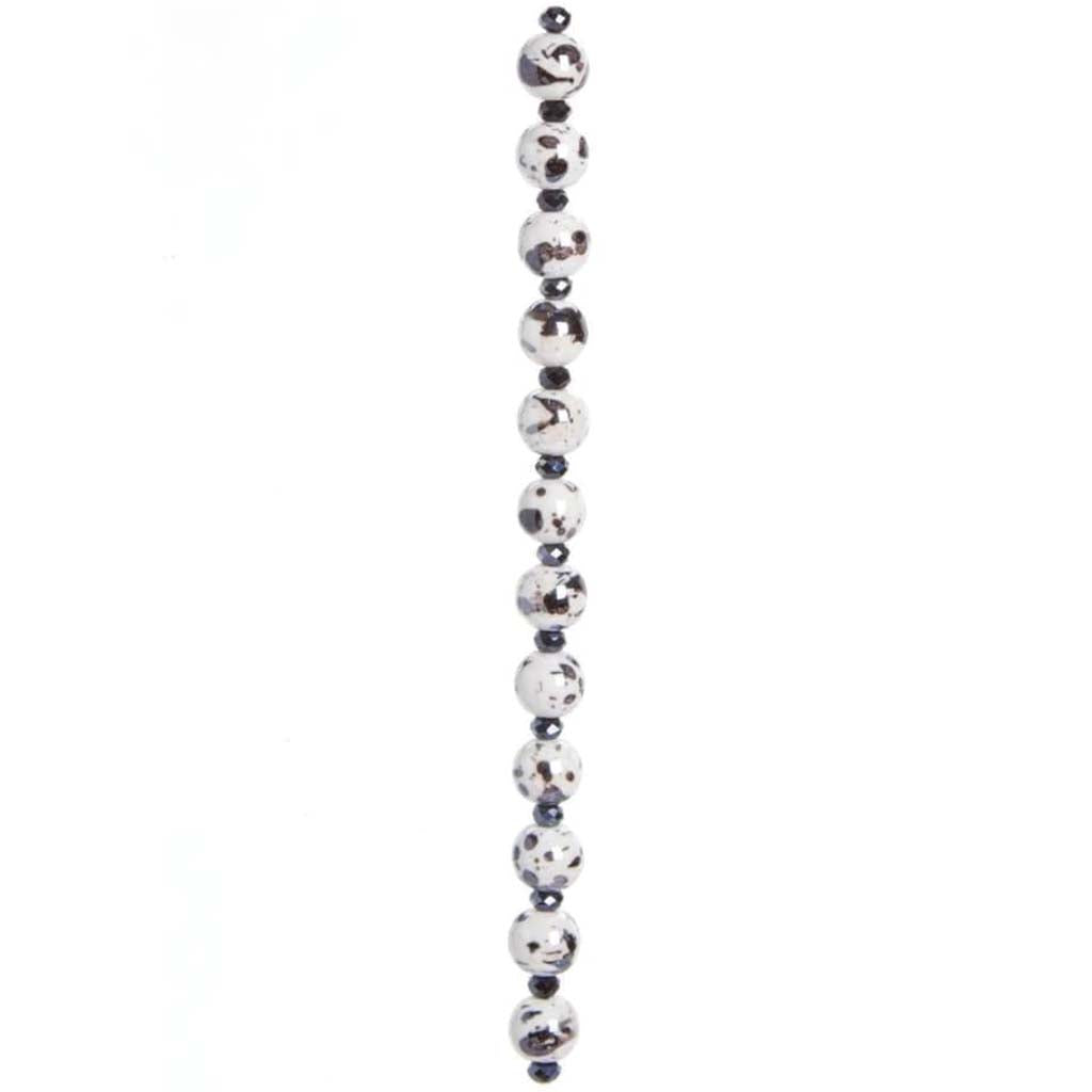 CERAMIC BEAD STRAND BLACK/WHITE W/HEMATITE 7IN 