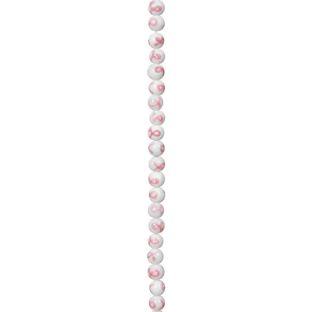 CERAMIC BEAD STRAND WHITE W/ PINK RIBBON 7IN 