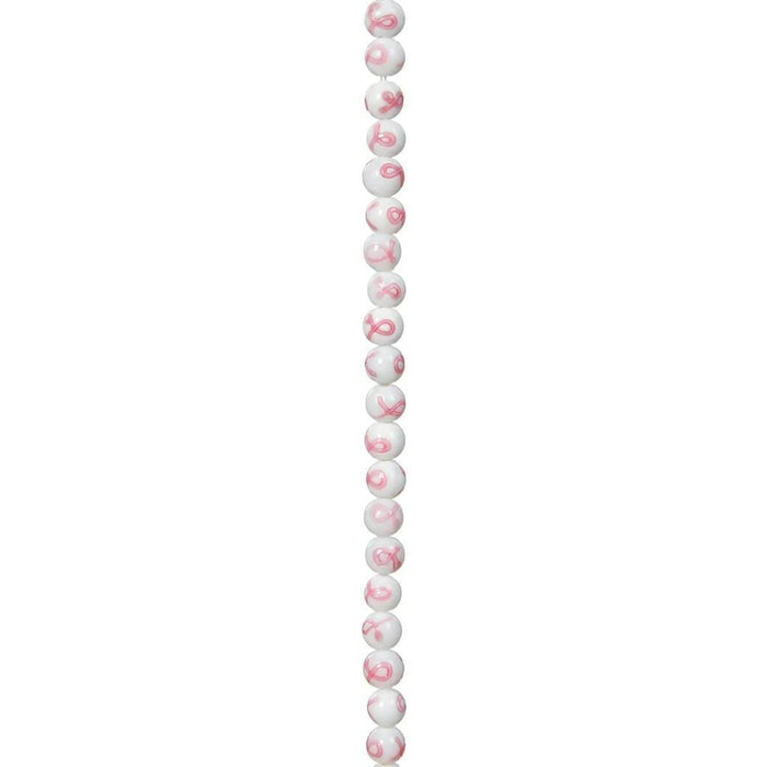 CERAMIC BEAD STRAND WHITE W/ PINK RIBBON 7IN 