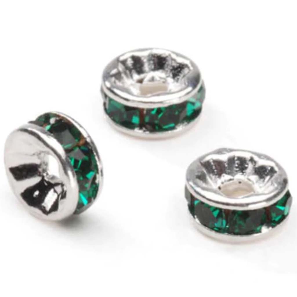 METAL LINED RHINESTONE BEADS EMERALD 6MM 