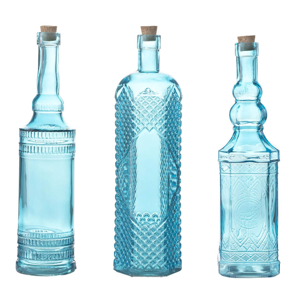 Vintage Blue Glass Bottle with Cork 12"