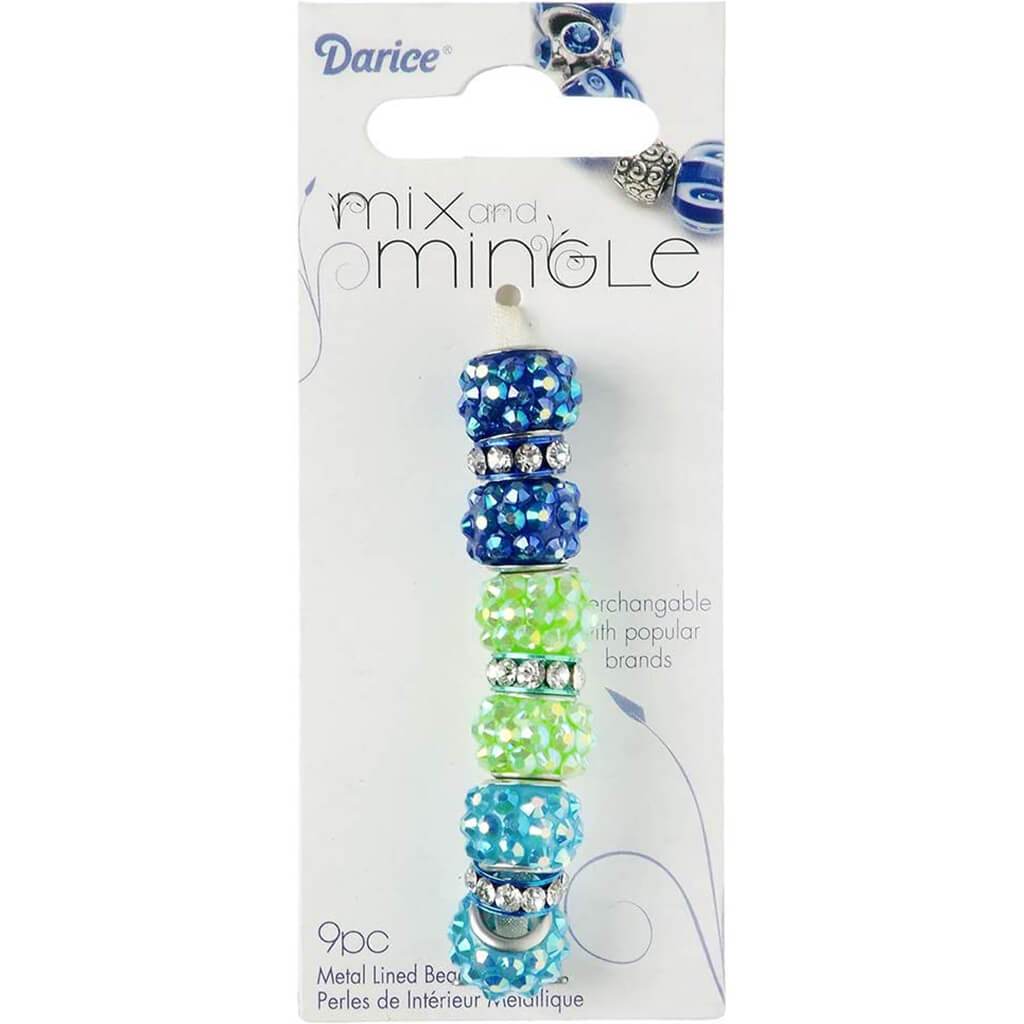 Rhinestone Pave Glitter Ball Beads Blue and Green 9Pc