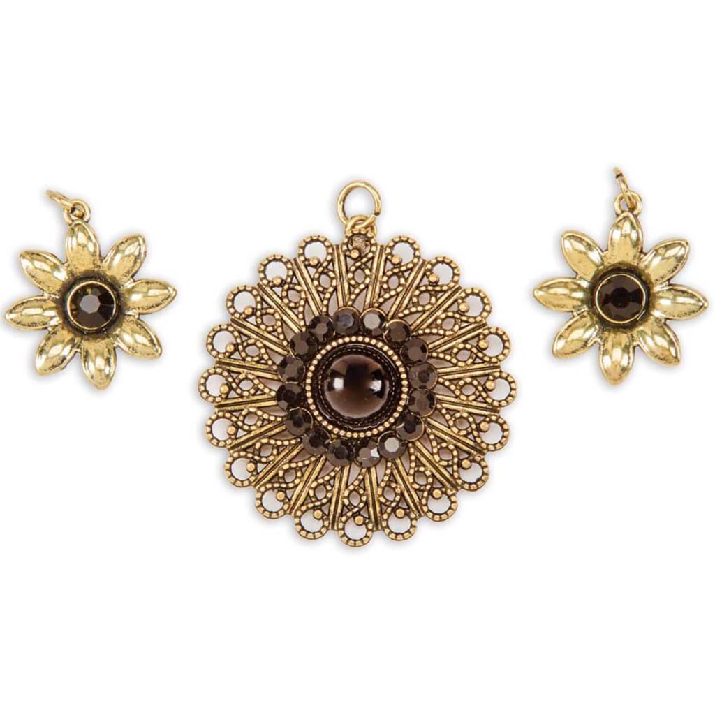 JEWELRY PENDANT AND CHARM SET GOLD &amp; BLACK FLOWER 