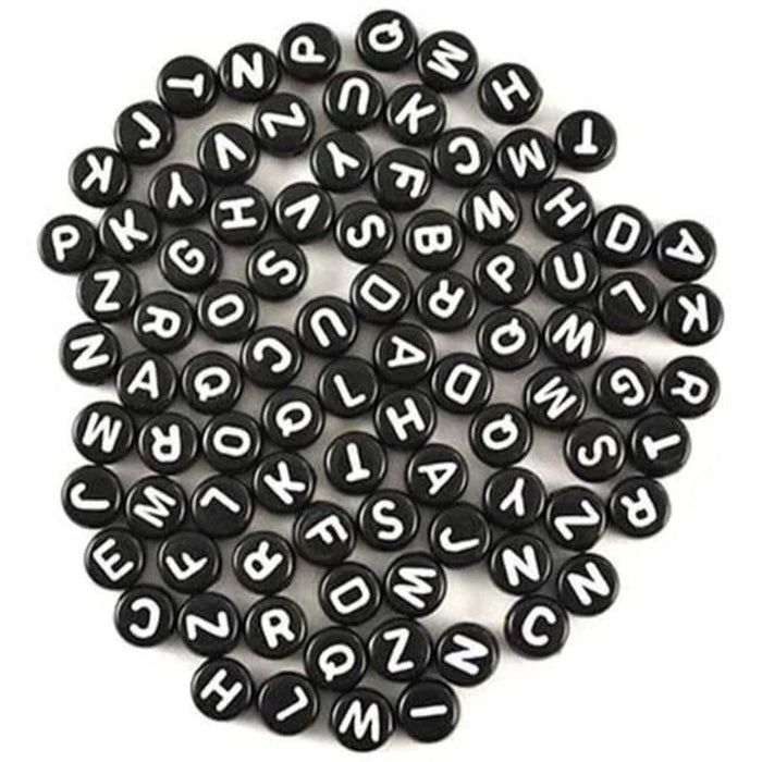 Alphabet Beads: 7mm Round x90 (4mm Thick) C) Black w/White Letters 