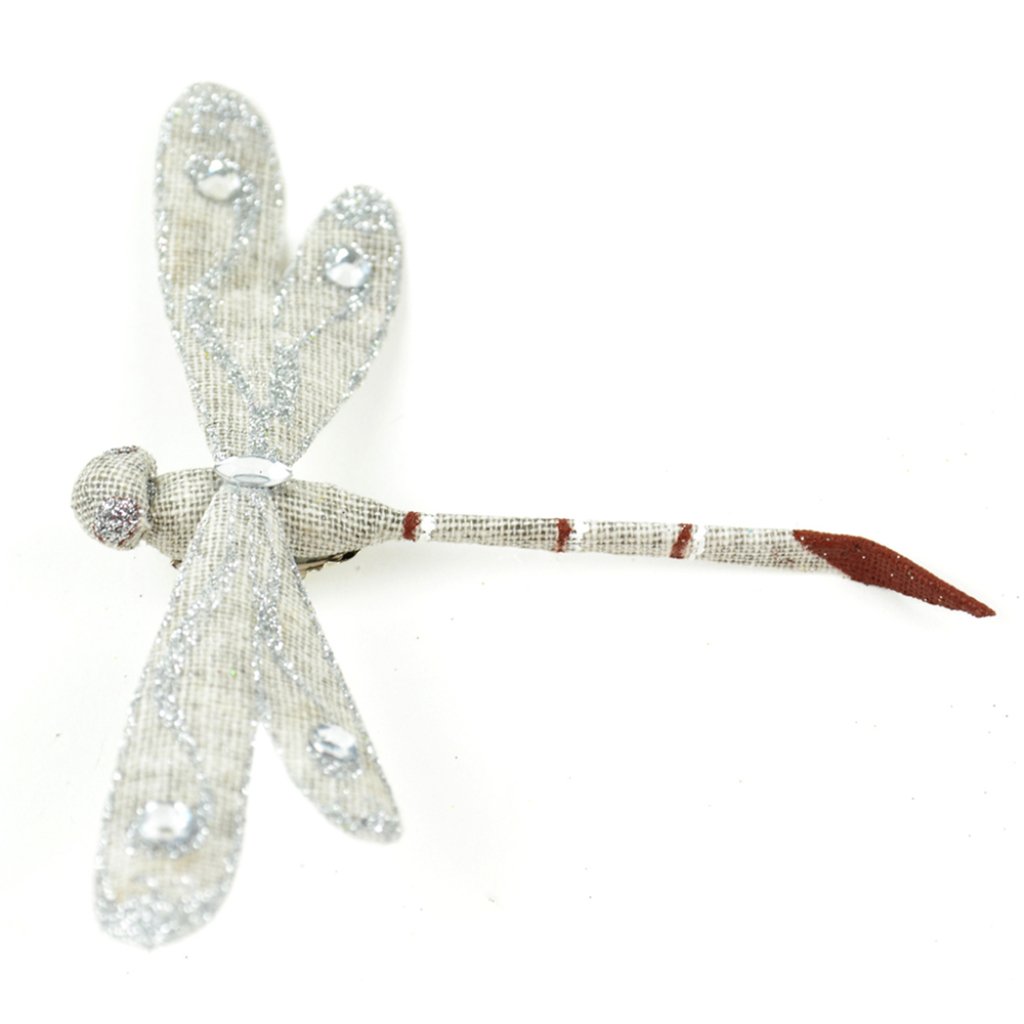 Light Grey Linen And Glitter D Ragonfly On Clip 