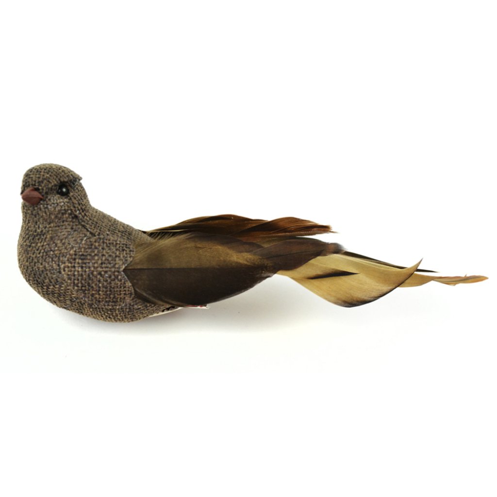 Chocolate Burlap Bird With Duc K Feathers On Clip 