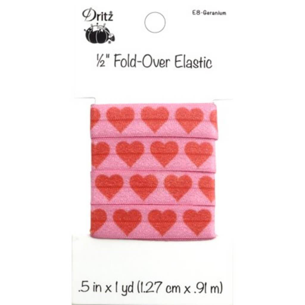 Dritz Fold-Over Elastic 1/2in x 1yd Hearts - Geranium