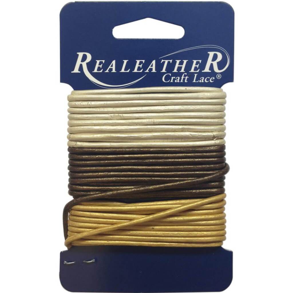 Realeather Crafts Round Leather Lace 2mm x 9yd Carded Gold, Silver &amp; Bronze