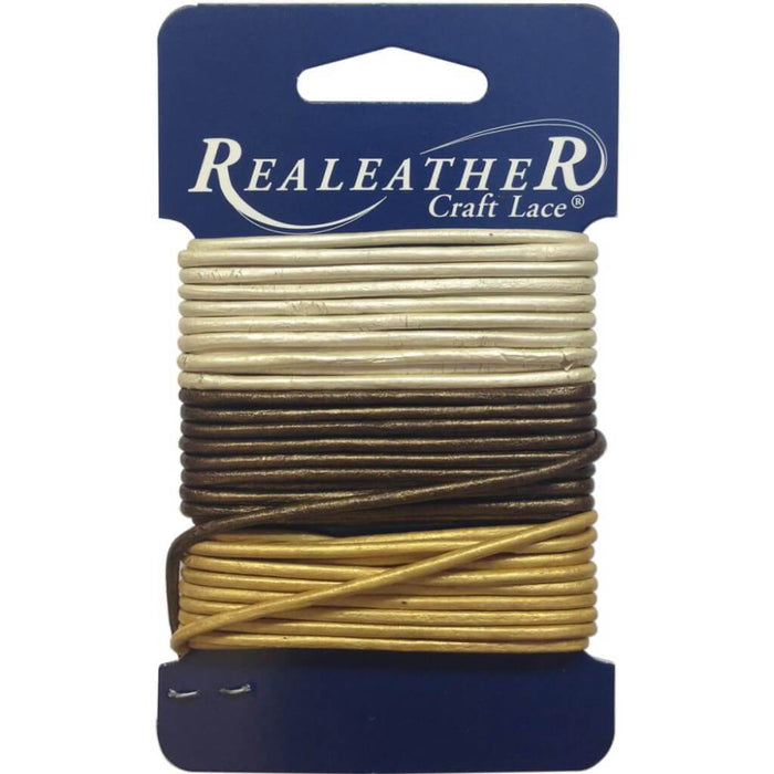 Realeather Crafts Round Leather Lace 2mm x 9yd Carded Gold, Silver & Bronze