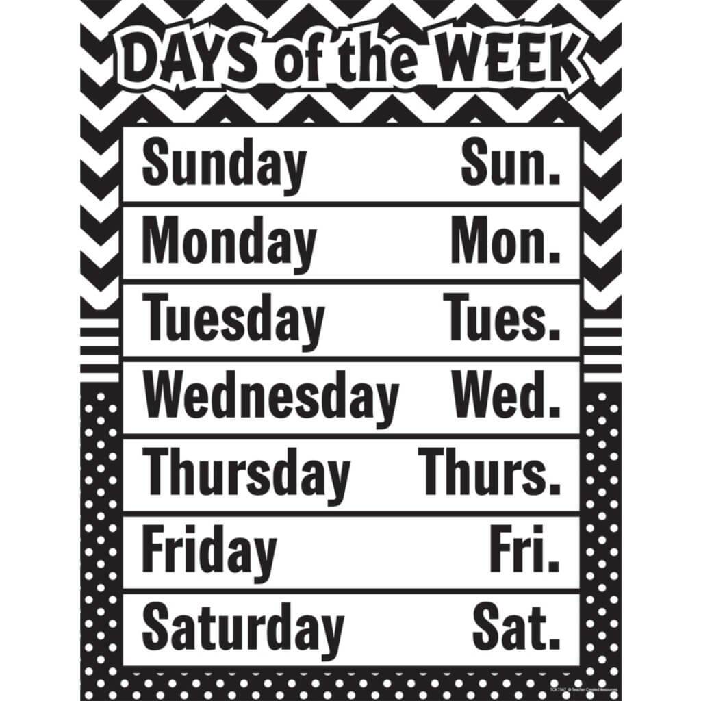 Days Of The Week Chart Black &amp; White Chevron And Dots 