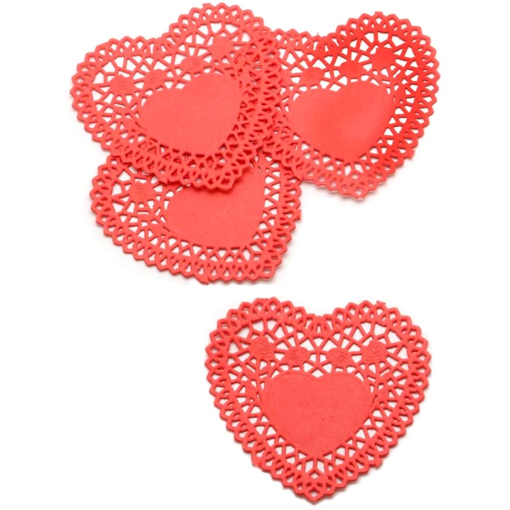 DOILY HEART PAPER 24PC/PK 4IN RED 