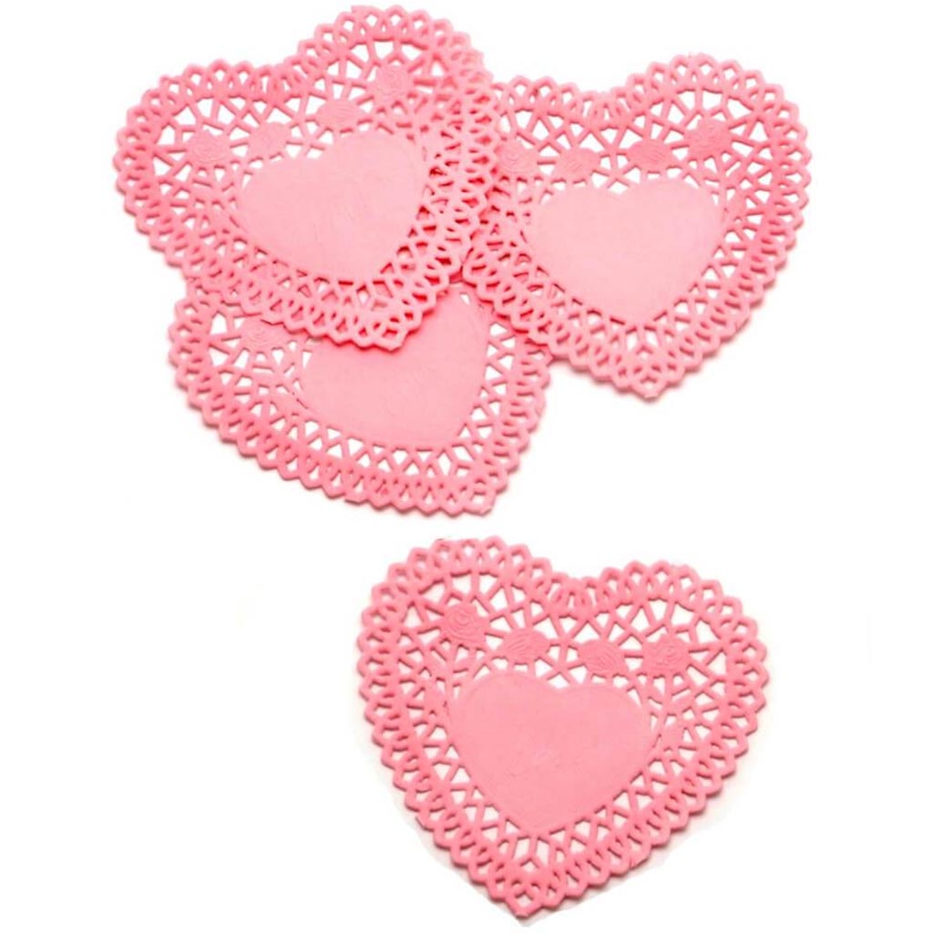 DOILY HEART PAPER 24PC/PK 4IN PINK 