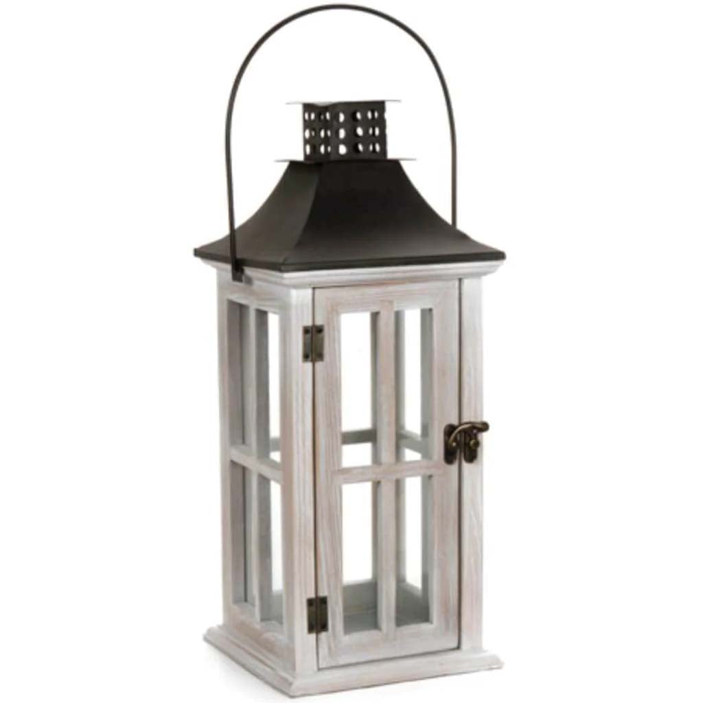 Wooden Lantern Natural with Brushed White 6.3 x 15.75 x 6.3 inches 