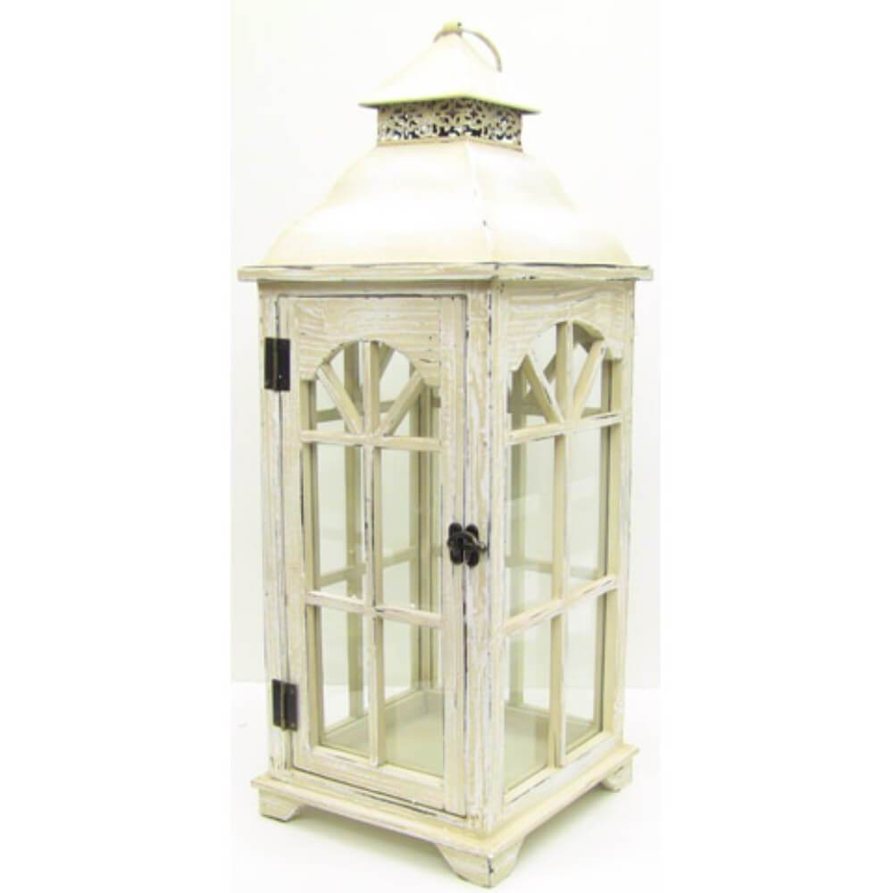 Wooden Lantern Faded White 8.9 x 24 x 8.9 inches 