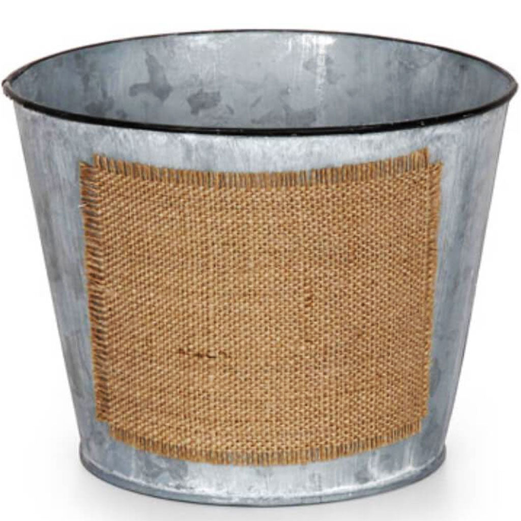 Planter with Burlap Label Metal Gray 