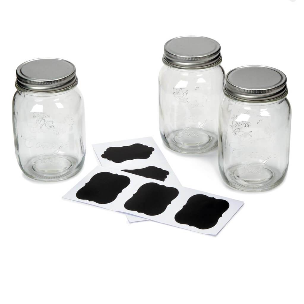 GLASS MASON JARS W/ CHACKBOARD LABELS 16OZ CLEAR 