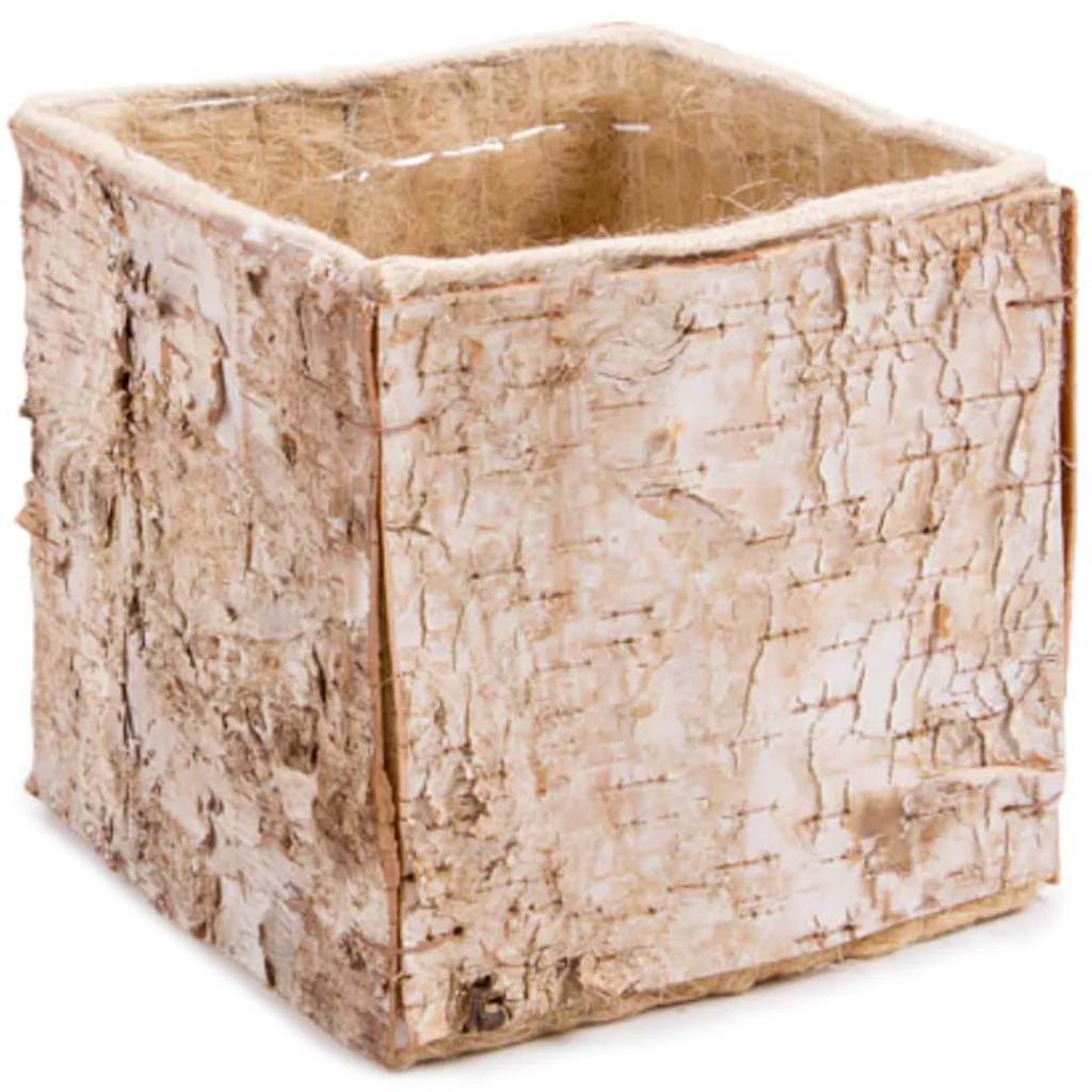 Square Birch Bark Flower Pot Container 6.75 x 6.5 inches 