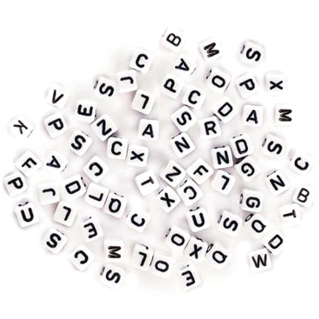 Alphabet Beads: 6mm Cube x68 C) White w/Black Letters 