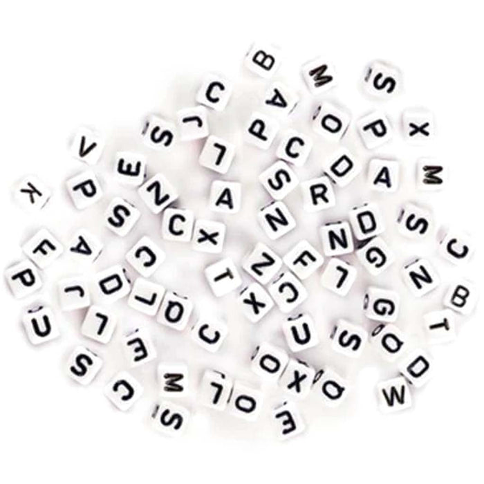 Alphabet Beads: 6mm Cube x68 C) White w/Black Letters 
