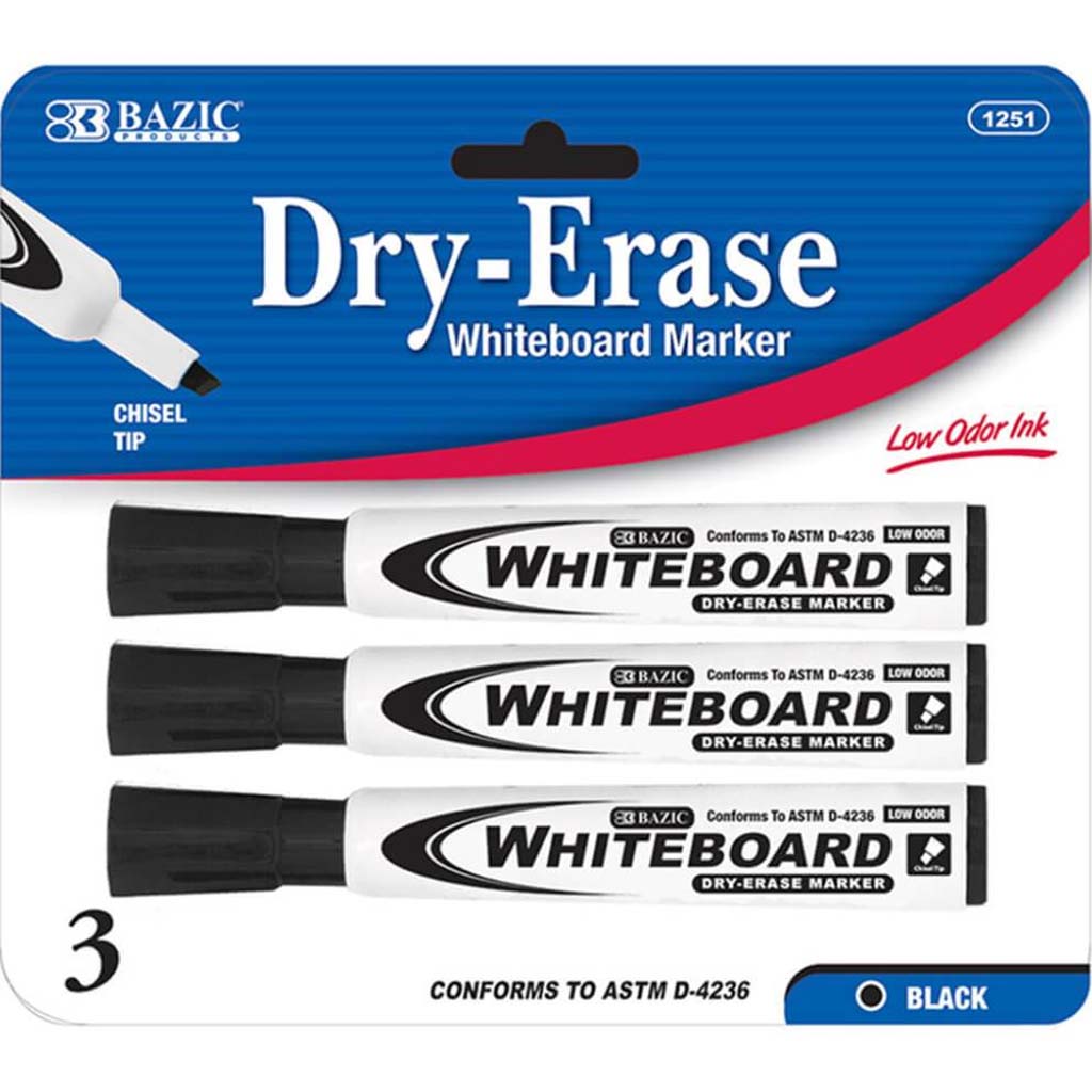 BAZIC Dry Erase Marker Assorted Color Chisel Tip, Whiteboard Pen Marcador,  Low Odor Markers White Board Pens (3/Pack), 1-Pack