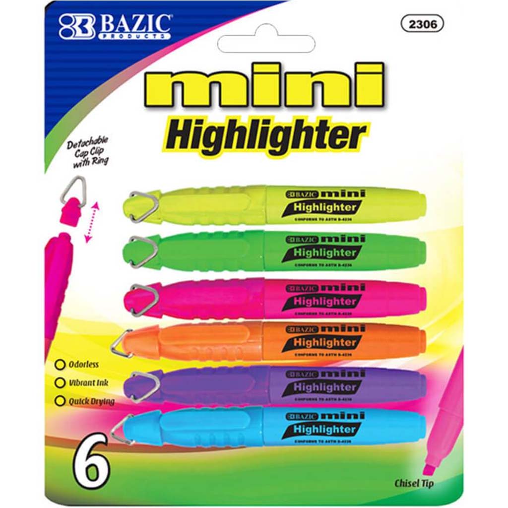 Mini Fluorescent Highlighter Pack of 6 with Cap Clip 