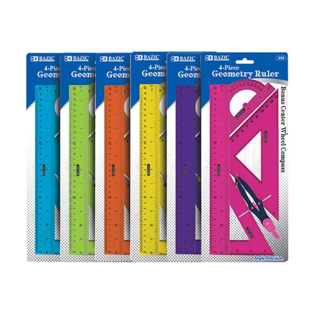 4 Piece Geometry Ruler Combination Sets with Center Wheel Compass 