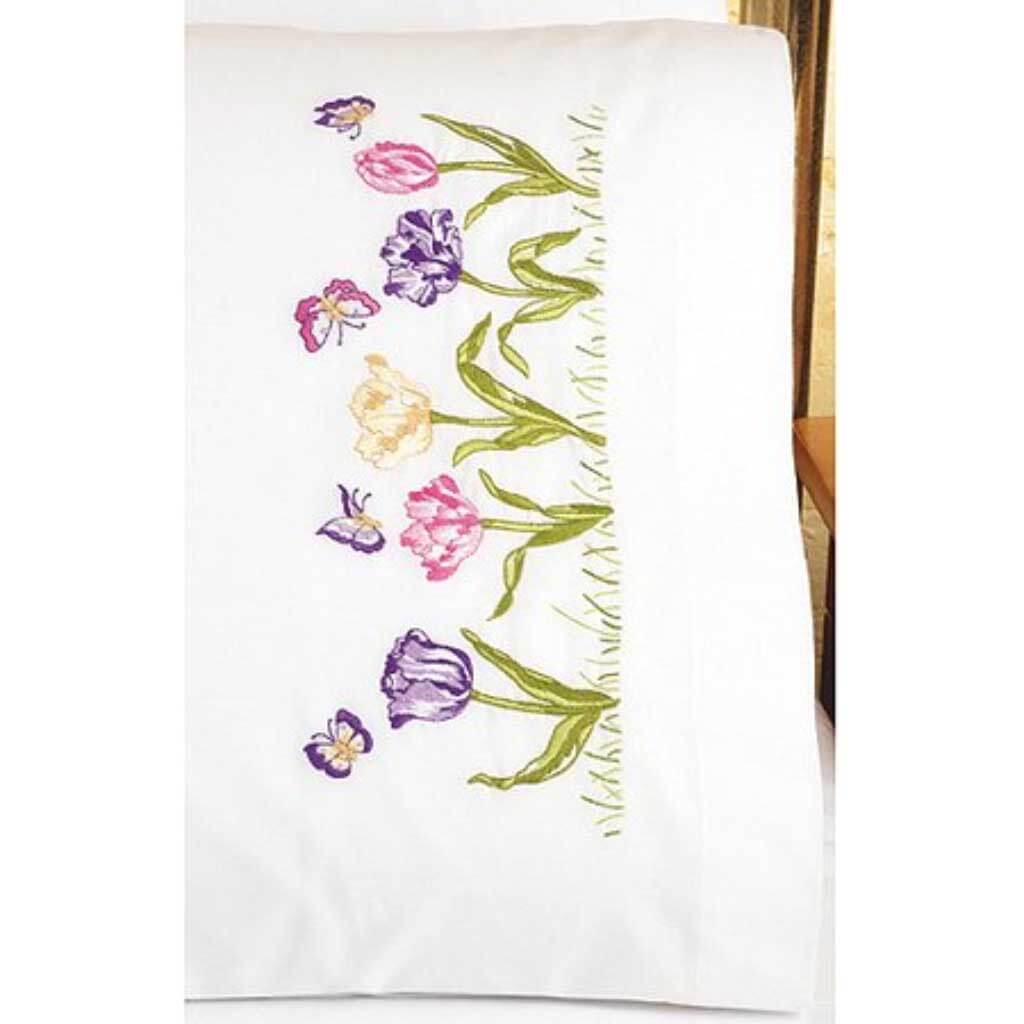 Stamped Cross Stitch Pillowcase Pair Tulip Garden 20in x 30