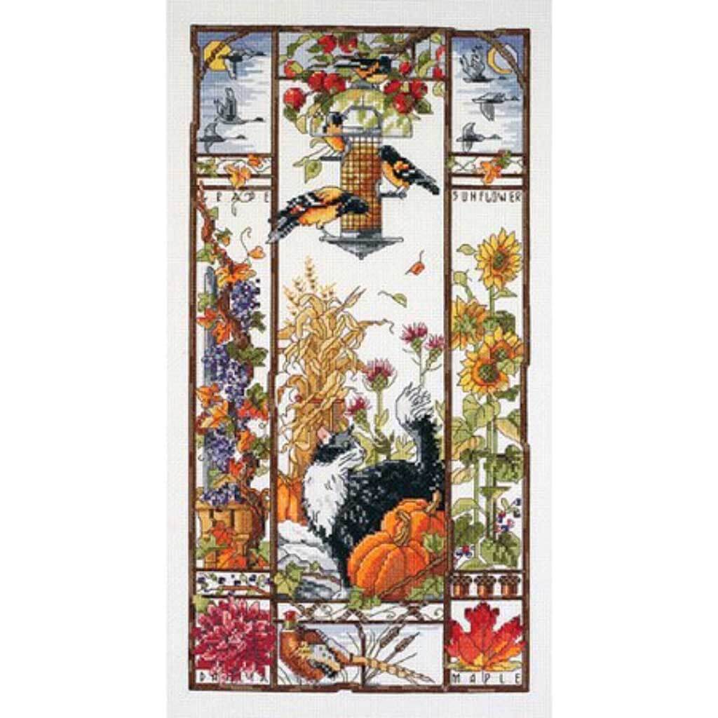 Autumn Cat Sampler Counted Cross Stitch Kit 8in x 16in 14pc