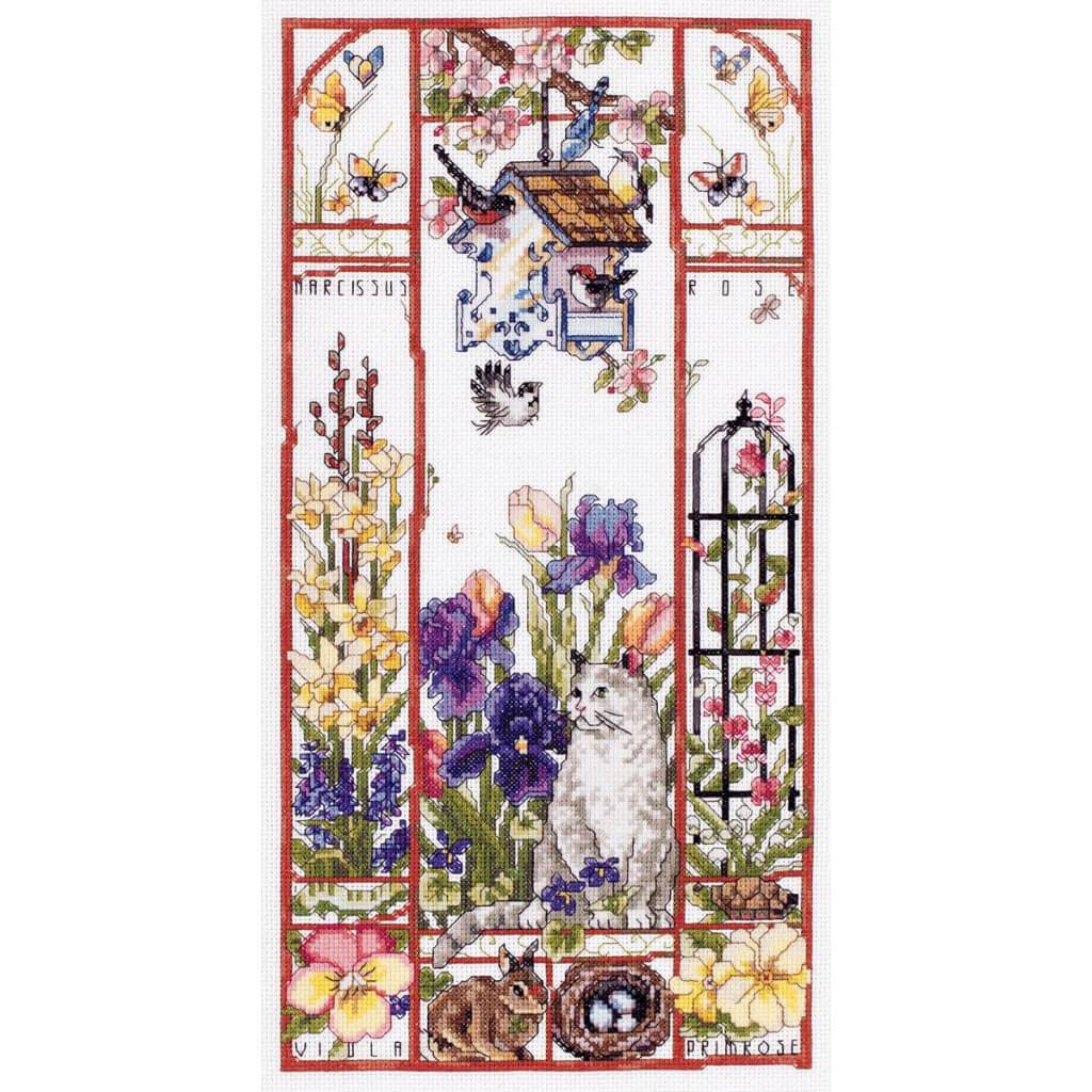 Spring Cat Sampler Counted Cross Stitch Kit 8in x 16in 14pc