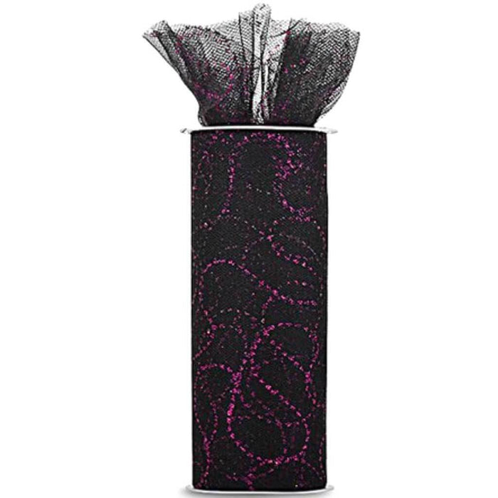 Expo Glitter Curves Tulle 6in x 10yd Black with Fuchsia Glitter
