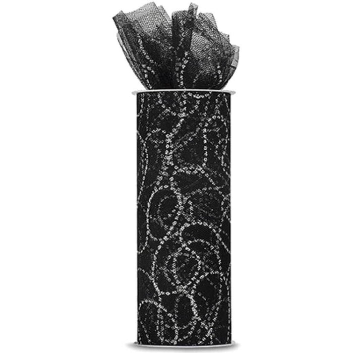 Expo Glitter Curves Tulle 6in x 10yd Black with Silver Glitter