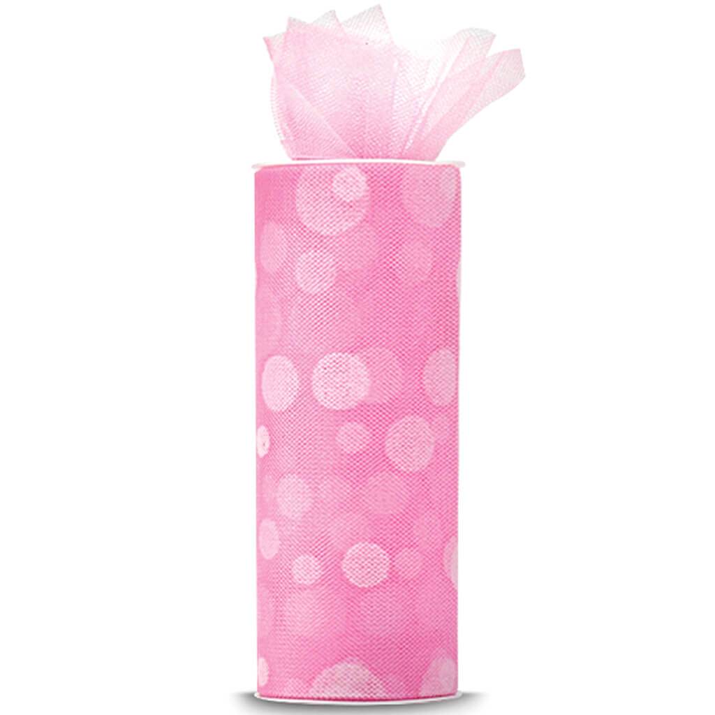 Expo Polka Dot Flocked Tulle 6in x 10yd Pink