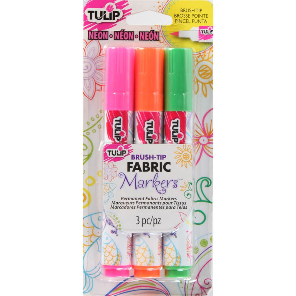 PERMANENT FABRIC MARKERS BRUSH TIP NEON 3PK