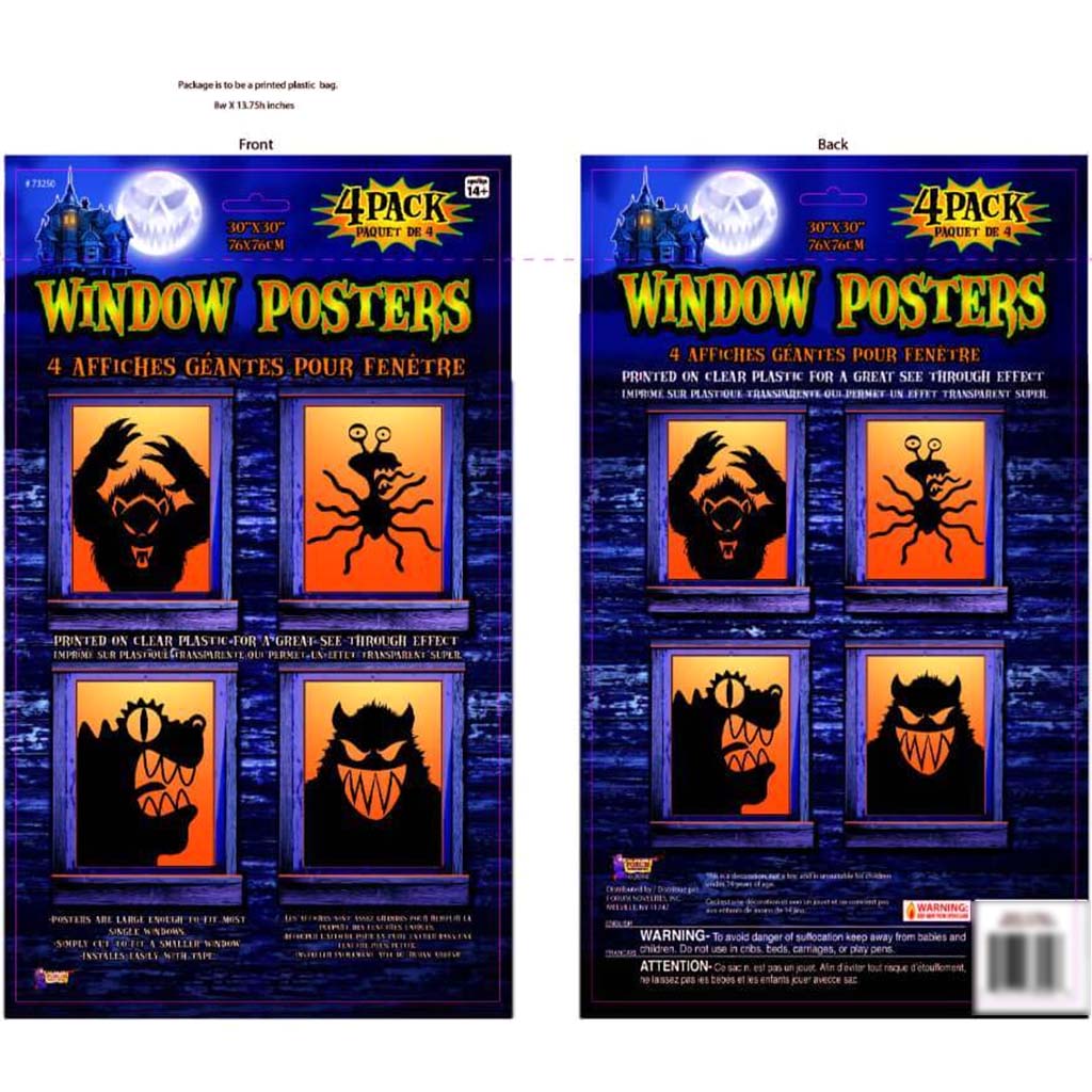 Window Posters 30in W x 30in H Freaky Monsters 4pcs 