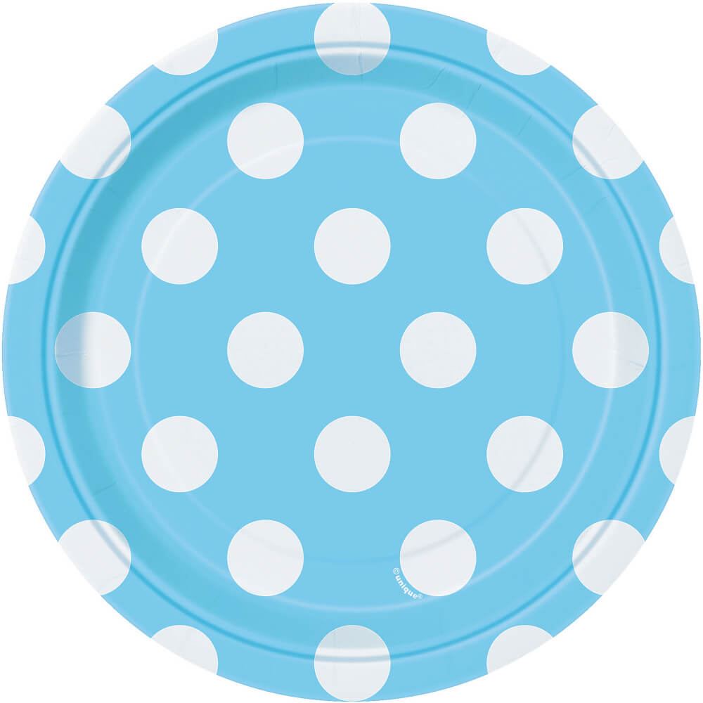 Powder Blue Dots Round Dessert Plates 7in 8ct 