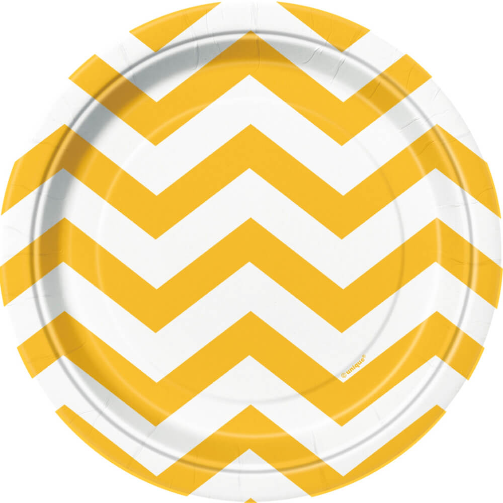 Round Dessert Plates 7in 8ct, Sunflower Yellow Chevron 