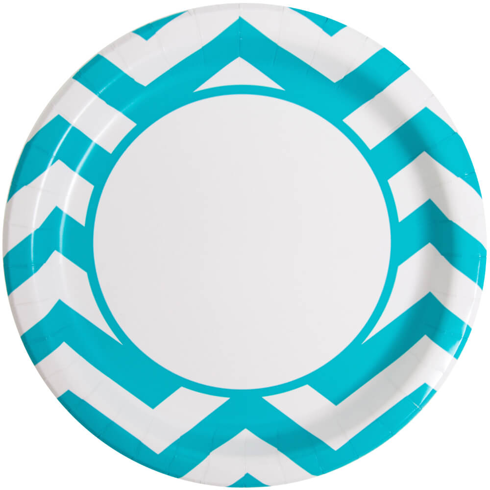 Round Dinner Plates 9in 8ct, Caribbean Teal Chevron 