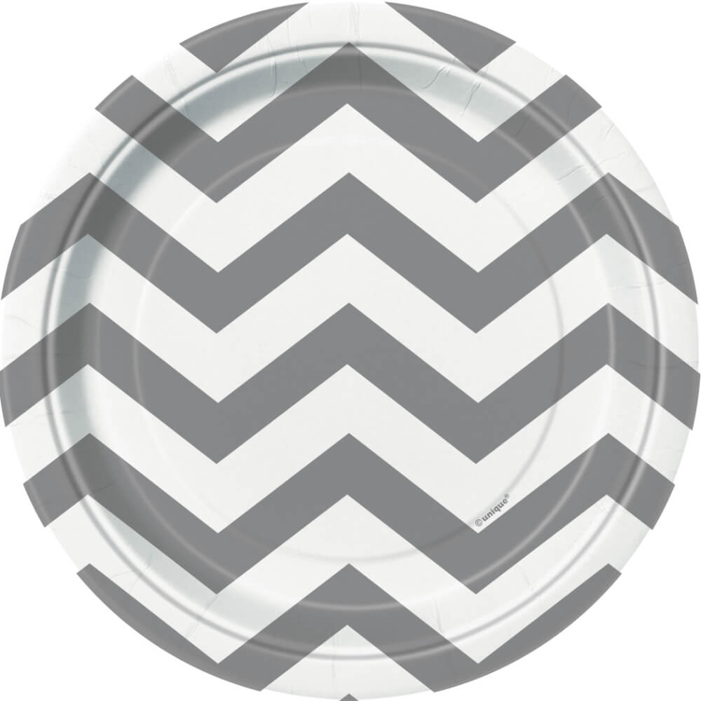 Round Dessert Plates 7in 8ct, Silver Chevron 