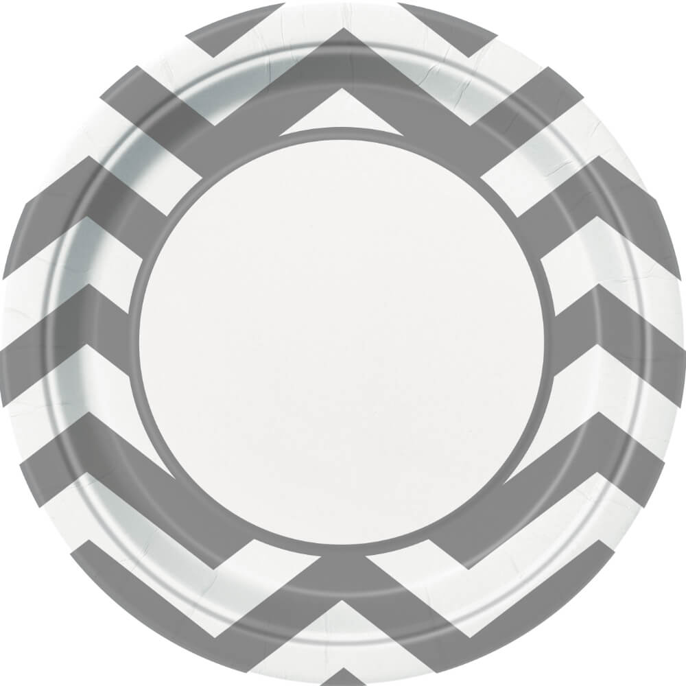 Round Dinner Plates 9in 8ct, Silver Chevron 