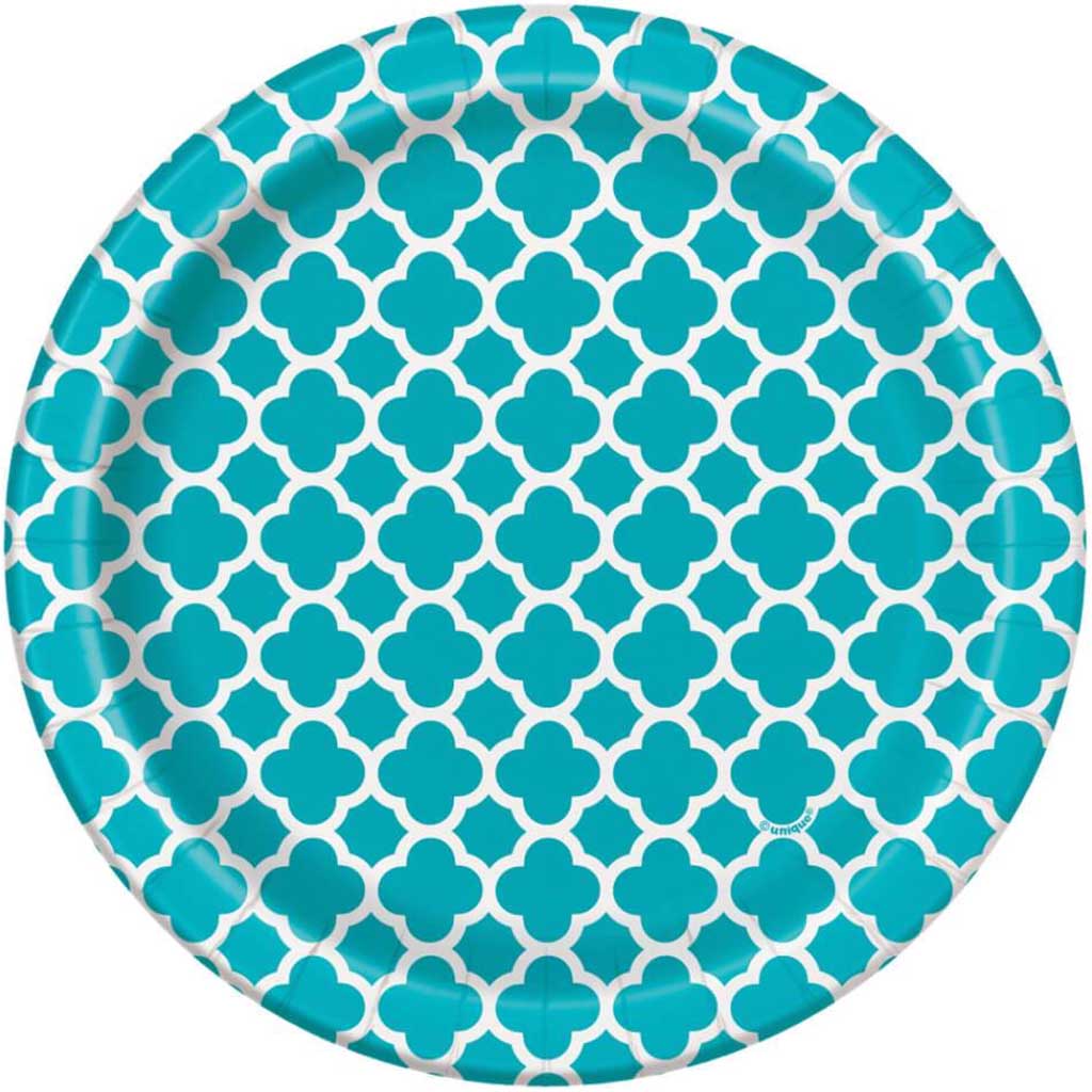 Caribbean Teal Quatrefoil Round Dessert Plates 7in 8ct, 