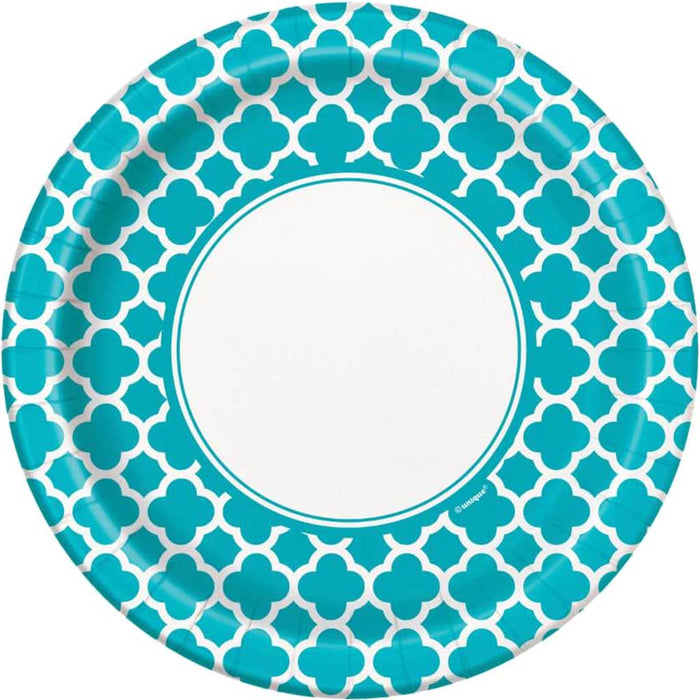 Round Dinner Plates 9in 8ct, Caribbean Teal Quatrefoil 