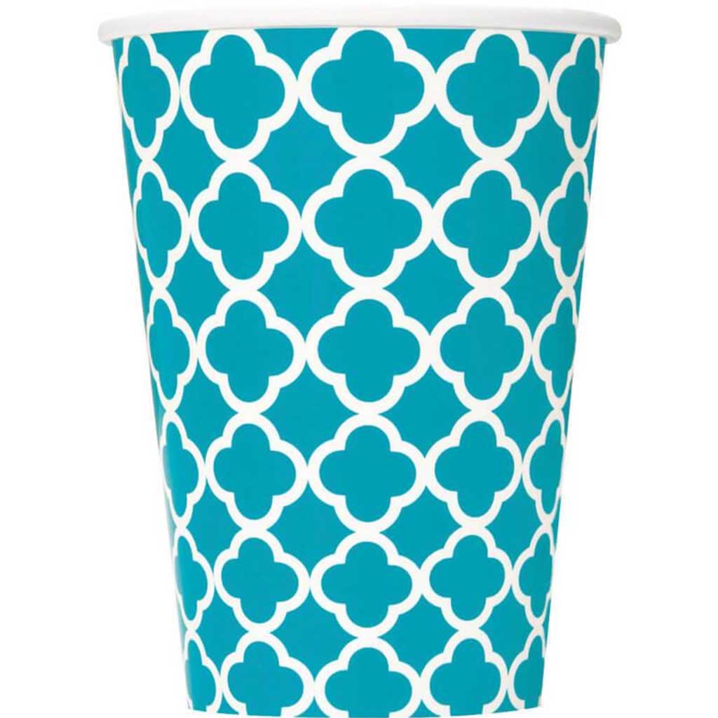 Caribbean Teal Quatrefoil 12oz Paper Cups , 6ct 