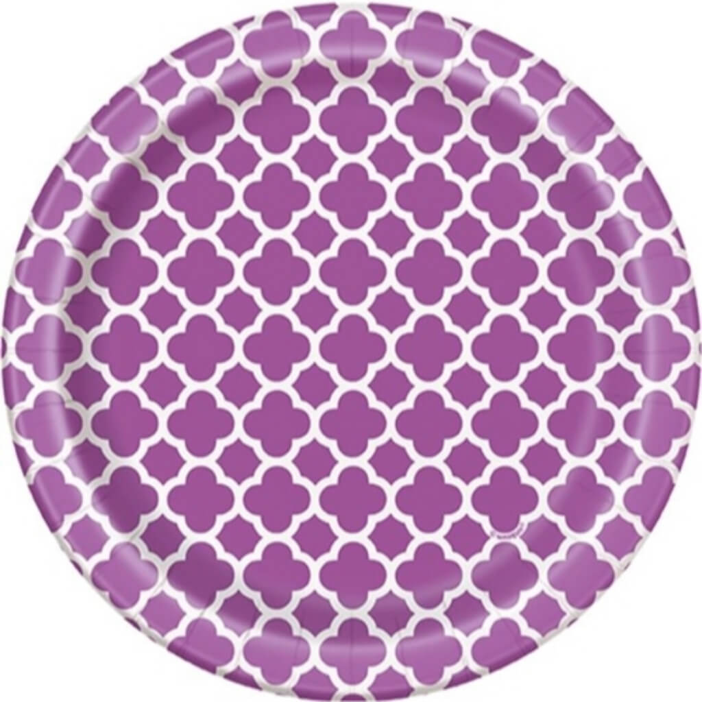 Round Dessert Plates 7in 8ct, Pretty Purple Quatrefoil 