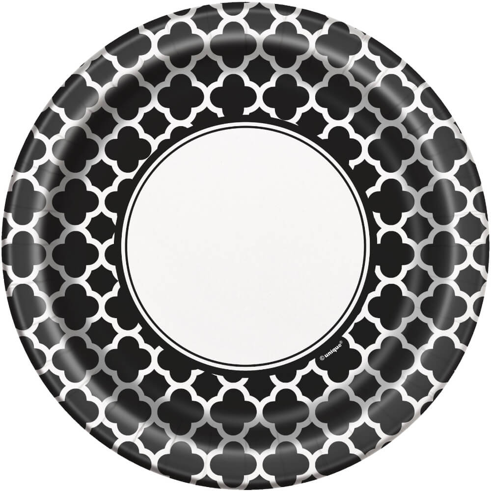 Round Dinner Plates 9in 8ct, Midnight Black Quatrefoil 