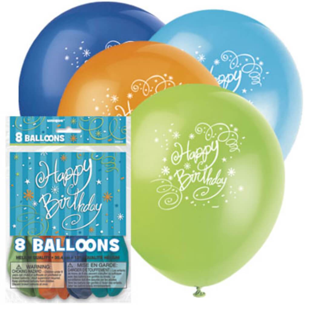 Latex Balloons 12in 8ct, Bright Birthday 