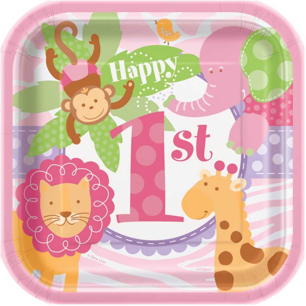 Square Dessert Plates 7in 10ct, Pink Safari 1st Birthday 