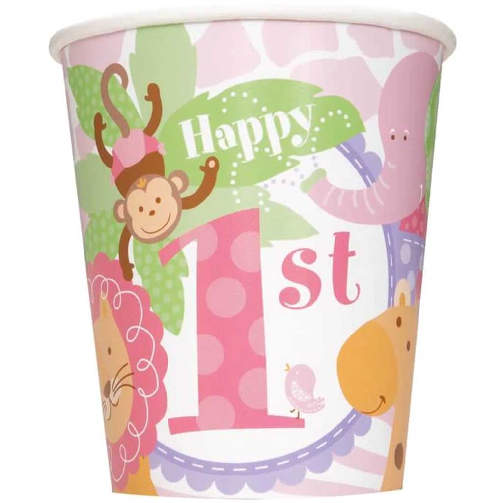 Pink Safari 1st Birthday 9oz Paper Cups, 8ct 