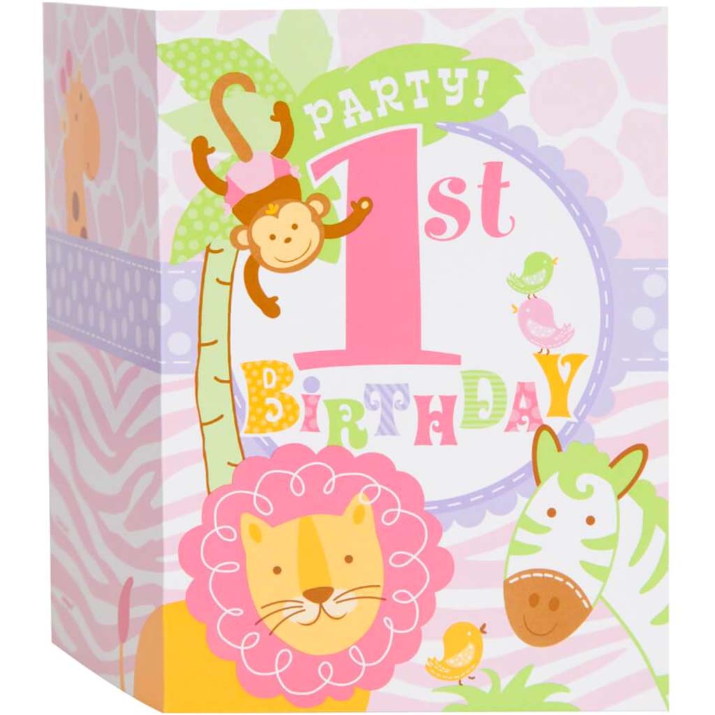 Pink Safari 1st Birthday Invitations, 8ct 