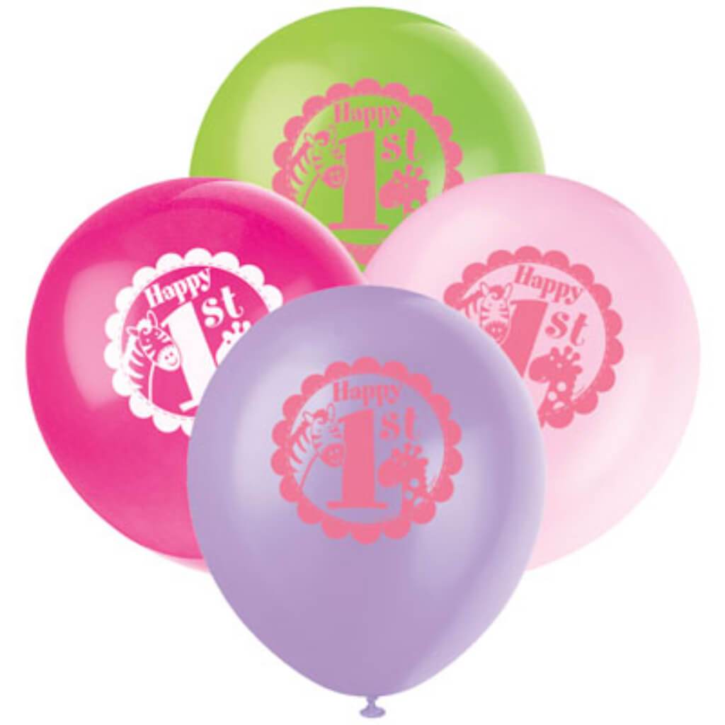 Latex Balloons 12in 8ct, Pink Safari 1st Birthday 